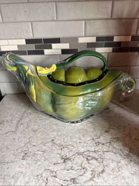 The Spring Shop Green and Yellow Ceramic Pea Pod Serving Bowl w Lid large